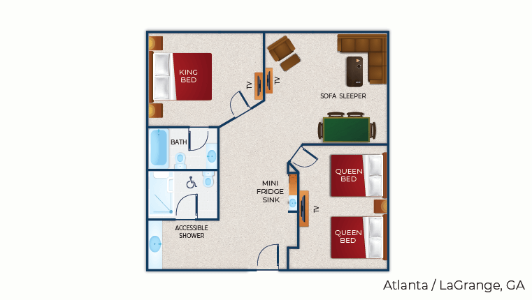The floor plan for the accessible shower Grizzly Bear Suite